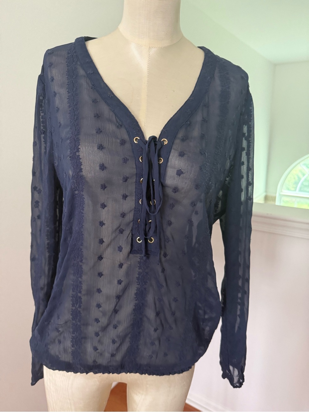 Cache Navy Sheer Lace-Up Long Sleeve Blouse